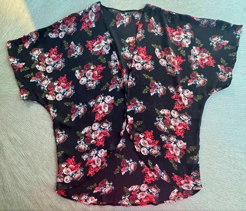 Sheer Chiffon Floral Kimono Cardigan Open Front Rose Print Top Size L